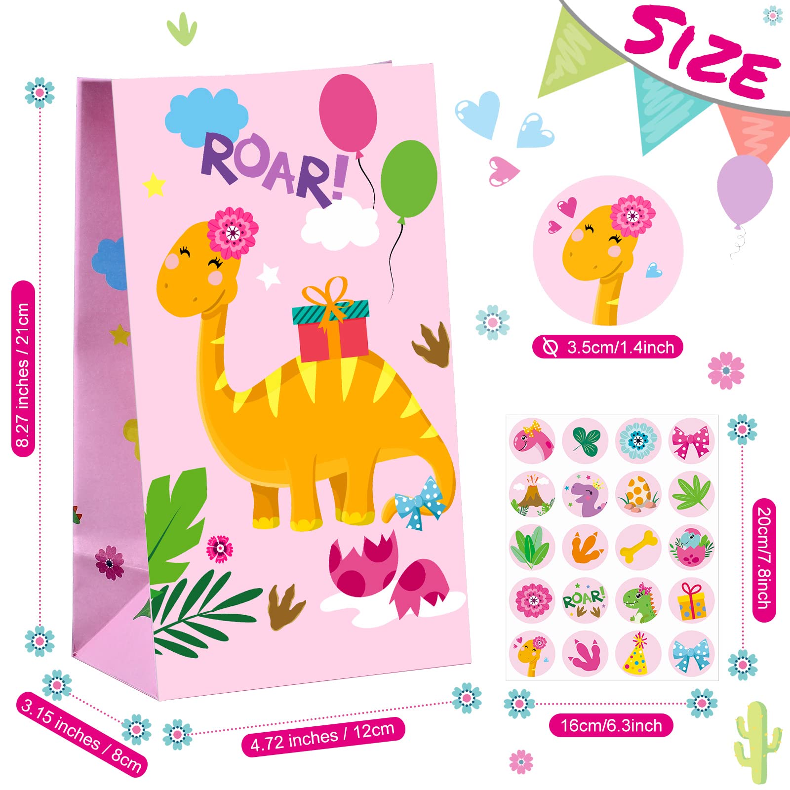 24 Pieces Dinosaur Party Bags Dino Candy Favor Bags with Stickers Pink Goodie Treat Gift Bags for Kids Girls Dinosaur Birthday Party Supplies Decorations