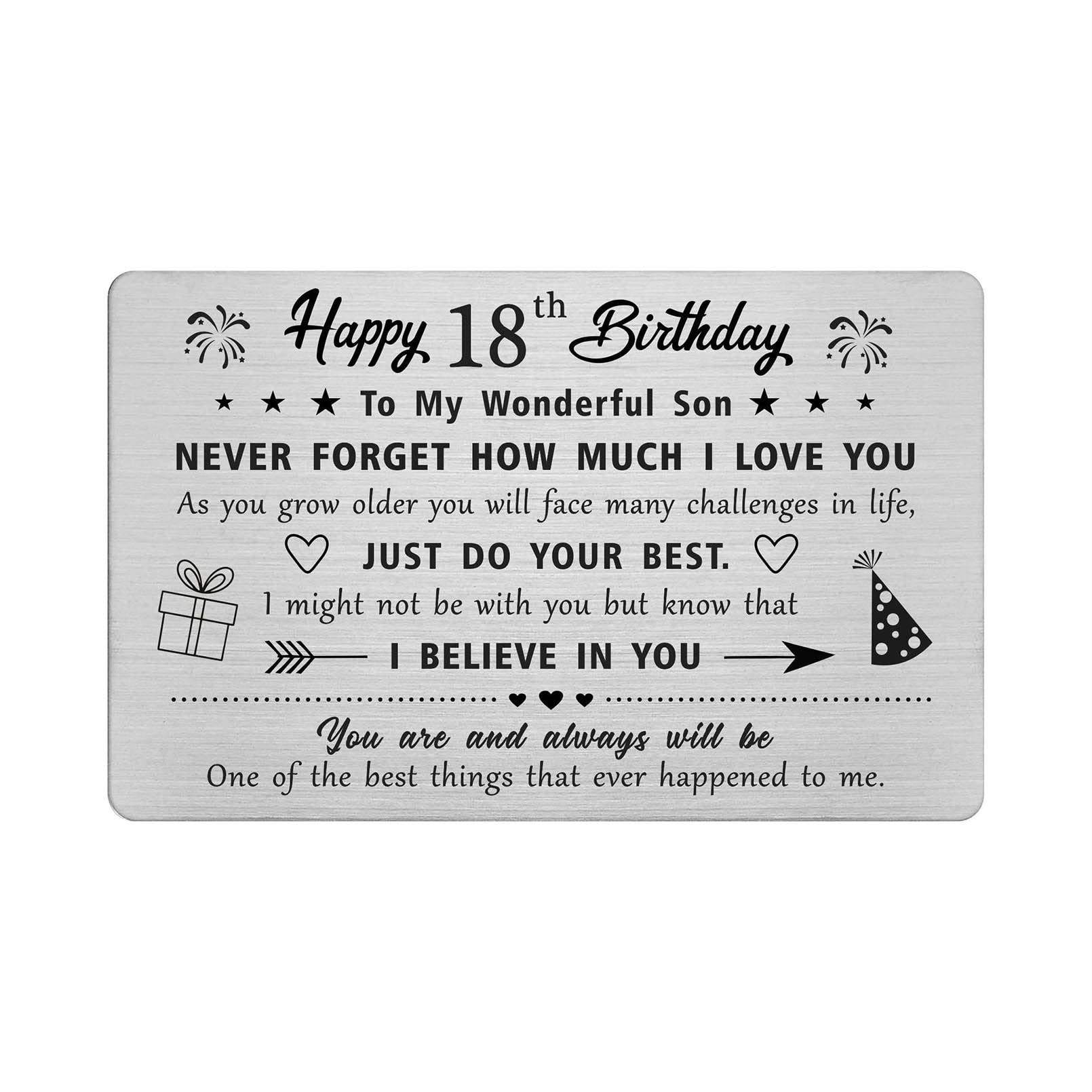 FALOGIJE 18th Birthday Card Gifts for Son, Birthday Gifts for 18 Year Old Son, Engraved Metal Wallet Card