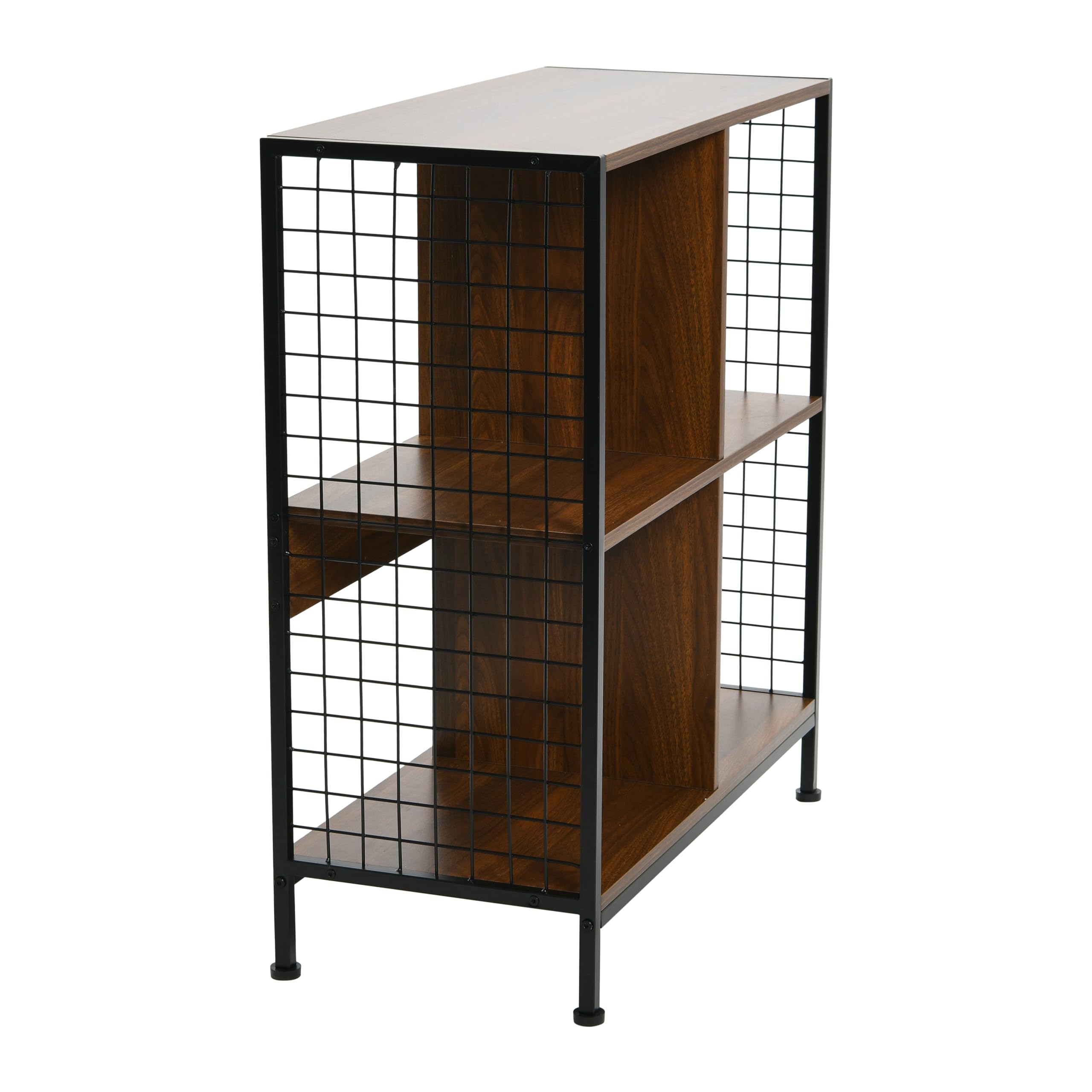 Household Essentials Trellis Open Storage Bookshelf with 4 Cube Compartments Mid Century Walnut Wood Grain and Black Metal