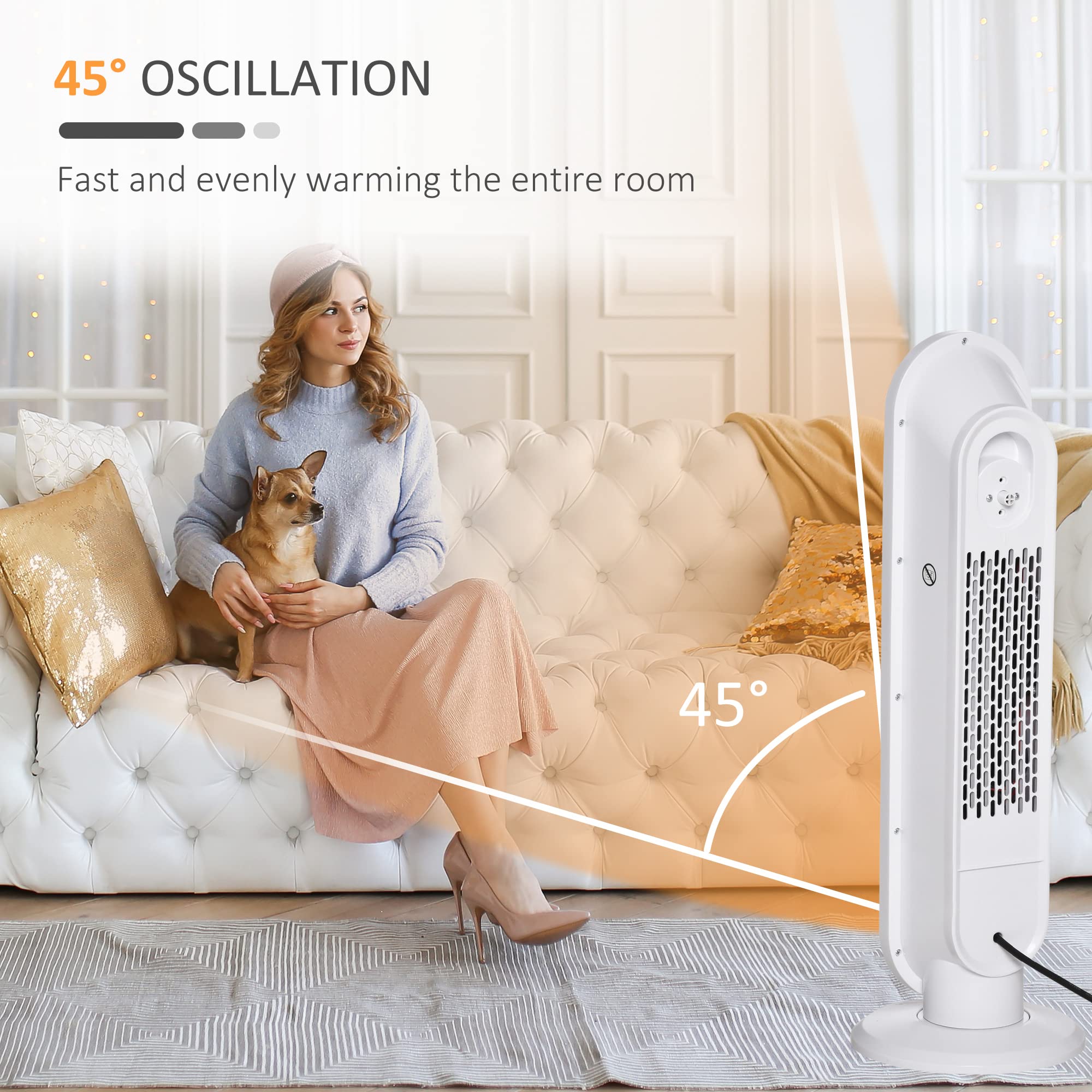 HOMCOM Ceramic Space Heater, Indoor Tower Heater with 45 Degree Oscillation, Remote Control, 24H Timer, Tip-Over and Overheating Protection, 1500W/1000W