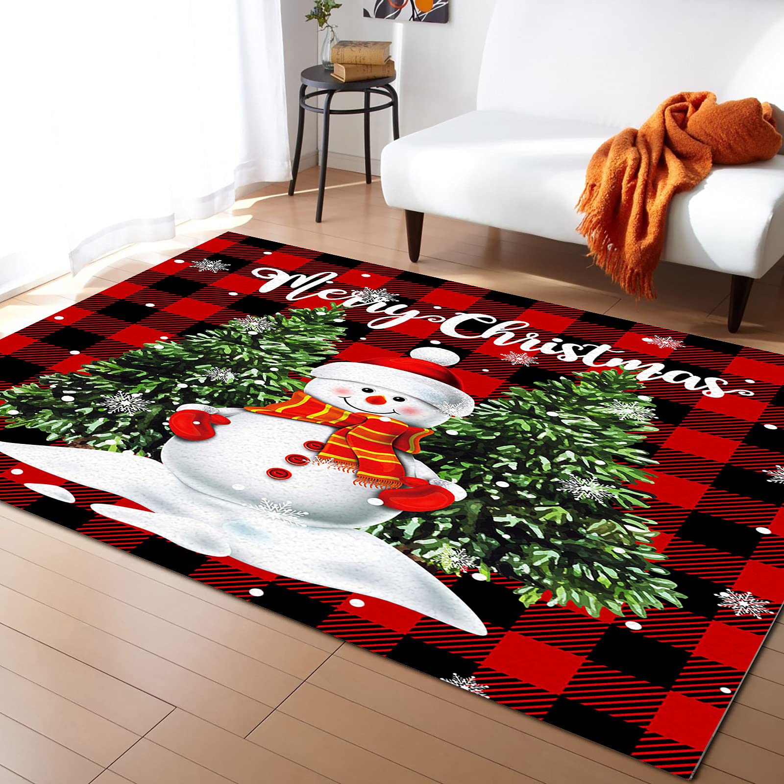 LBDecor 2x3ft Large Area Rugs for Living Room, Christmas Snowman Trees Area Runner Rugs Non Slip Bedroom Carpets Hallways Rug, Outdoor Indoor Nursery Rugs Décor, Red Plaid