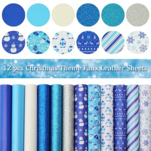 Whaline 12Pcs Winter Faux Leather Sheet Blue White Synthetic Leather Snowflake Snowman Penguin Sweater Pattern Glitter Fabric Crafts for Christmas Earring Hair Bow Craft Gift DIY, 8.3 x 6.3 Inch