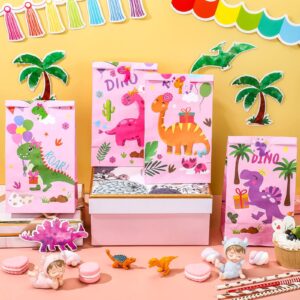 24 Pieces Dinosaur Party Bags Dino Candy Favor Bags with Stickers Pink Goodie Treat Gift Bags for Kids Girls Dinosaur Birthday Party Supplies Decorations