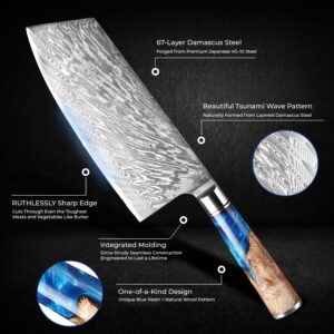 SENKEN Damascus Steel Cleaver Knife - Tsunami Collection - 67-Layer Japanese VG10 Steel - Unique Blue Resin & Natural Wood Handle, Razor Sharp, Beautiful Damascus Wave Pattern (7.5" Cleaver Knife)