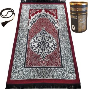 prayeristan muslim prayer rug - prayer mat with gift prayer beads & special kaaba box - islamic rugs for men and women - portable & travel prayer mat - ramadan & islamic gifts (claret red)