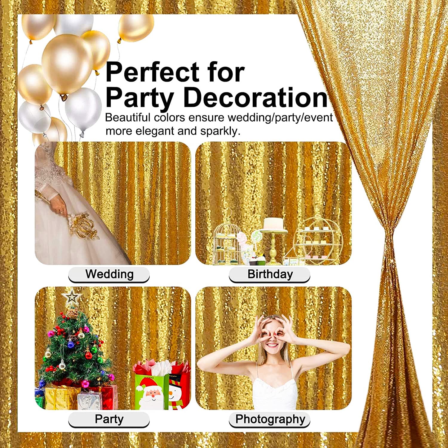 TCBESTO Gold Sequin Backdrop Curtains 4FT x 8FT 2 Panels Glitter Curtain Backdrop Sparkly Photography Background Drapes for Wedding Bridal Shower Christmas Festival Birthday