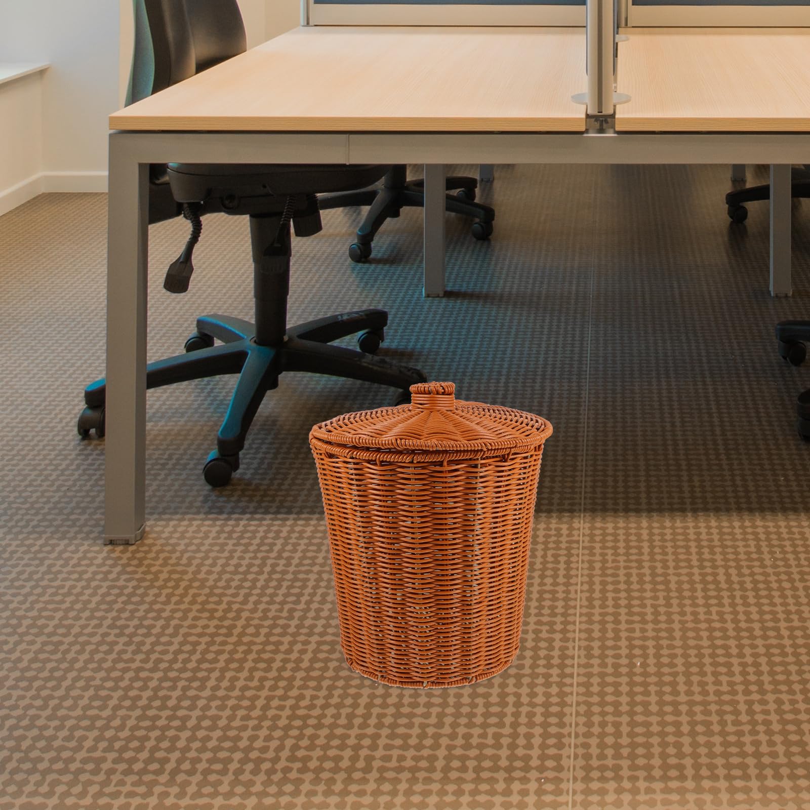 Wicker Waste Can with lid: Woven Trash Basket Wicker Wastebasket Round Garbage Container bin for Bathroom Bedroom Home Office