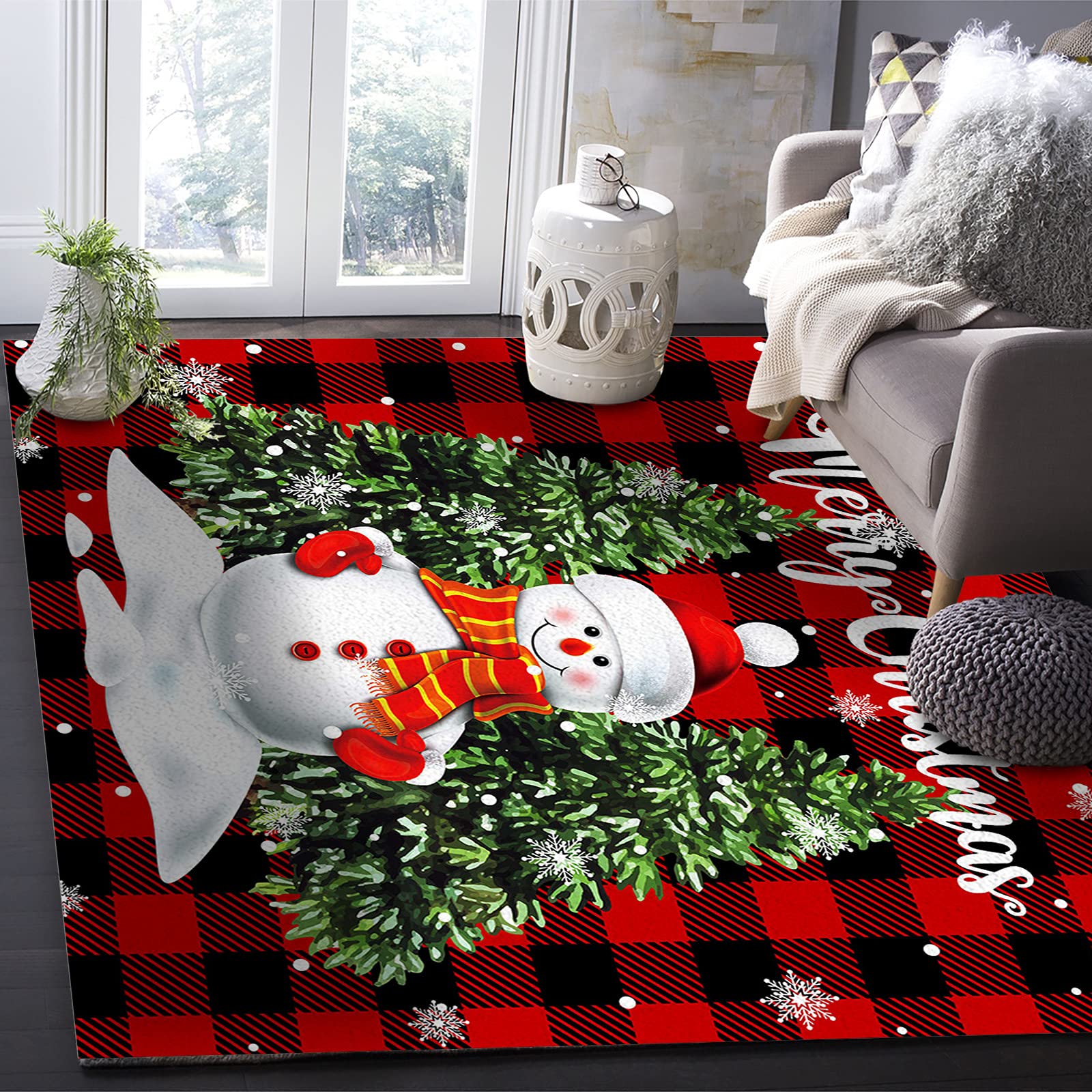 LBDecor 2x3ft Large Area Rugs for Living Room, Christmas Snowman Trees Area Runner Rugs Non Slip Bedroom Carpets Hallways Rug, Outdoor Indoor Nursery Rugs Décor, Red Plaid