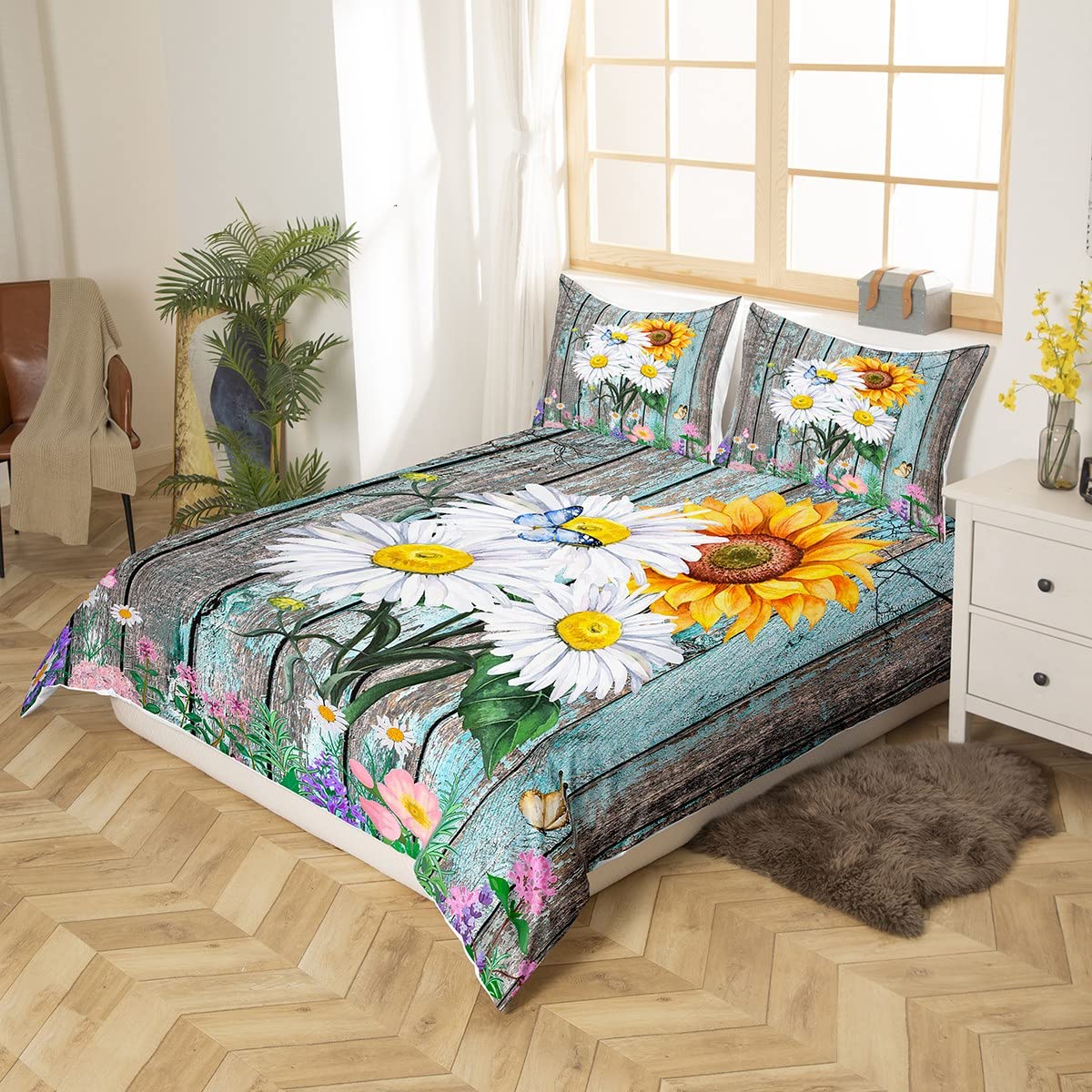 Feelyou Daisy Duvet Cover Bedding Set Sunflower Botanical Floral Butterfly Comforter Cover for Boys Girls Children Teens Bedroom Decor Wooden Bedspread Cover Twin Size with 1 Pillow Case