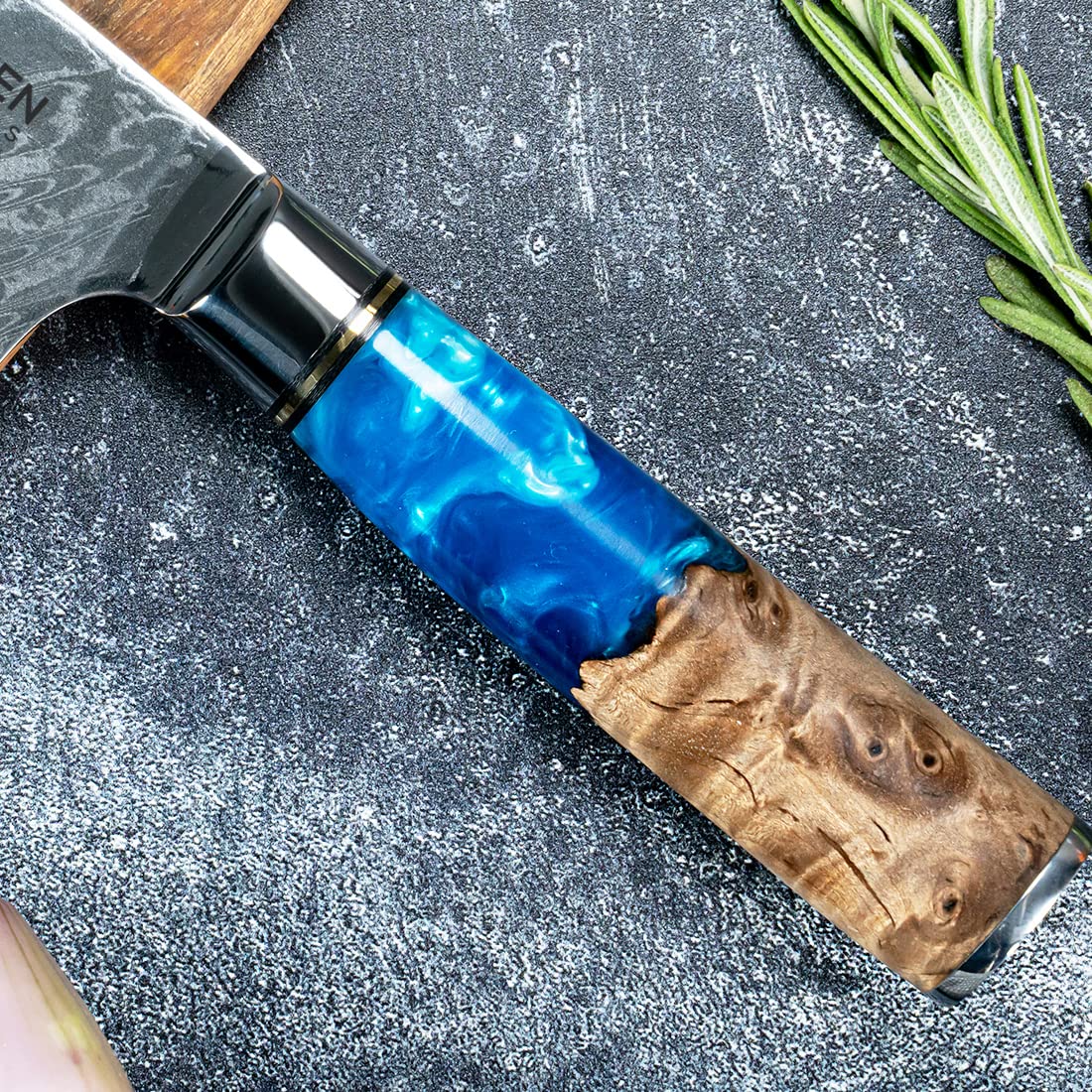 SENKEN Damascus Steel Bread Knife - Tsunami Collection - 67-Layer Japanese VG10 Steel Core - Unique Blue Resin & Natural Wood Handle, Razor Sharp, Beautiful Damascus Wave Pattern (7.5" Bread Knife)