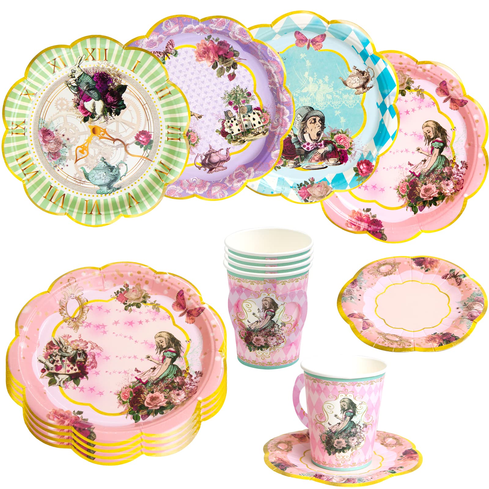 Alice and Wonderland Paper Plates and Cups Paper Saucers Mad Hatter Tea Party Alice Party Decorations Decor Baby Shower Birthday Favor Supplies