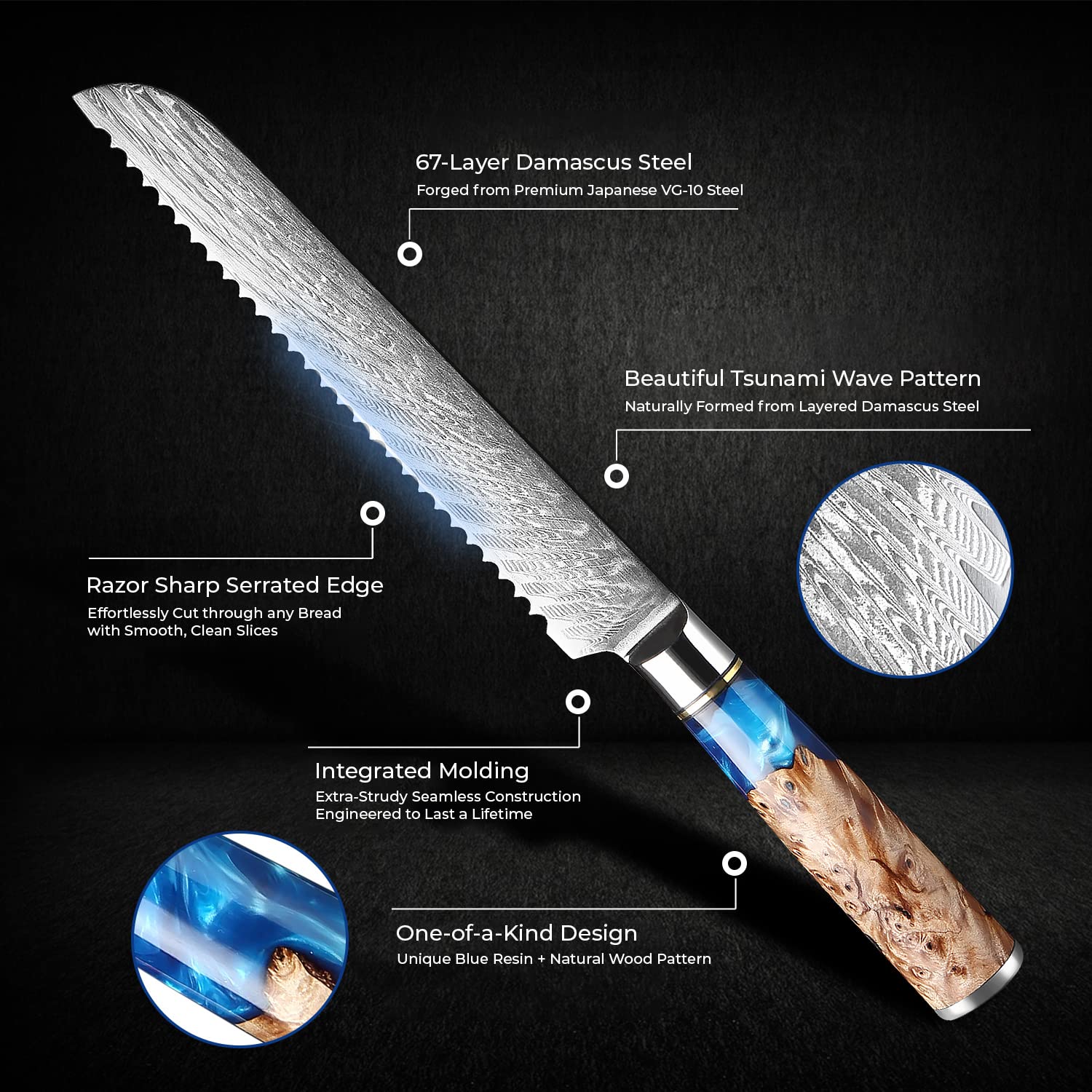 SENKEN Damascus Steel Bread Knife - Tsunami Collection - 67-Layer Japanese VG10 Steel Core - Unique Blue Resin & Natural Wood Handle, Razor Sharp, Beautiful Damascus Wave Pattern (7.5" Bread Knife)