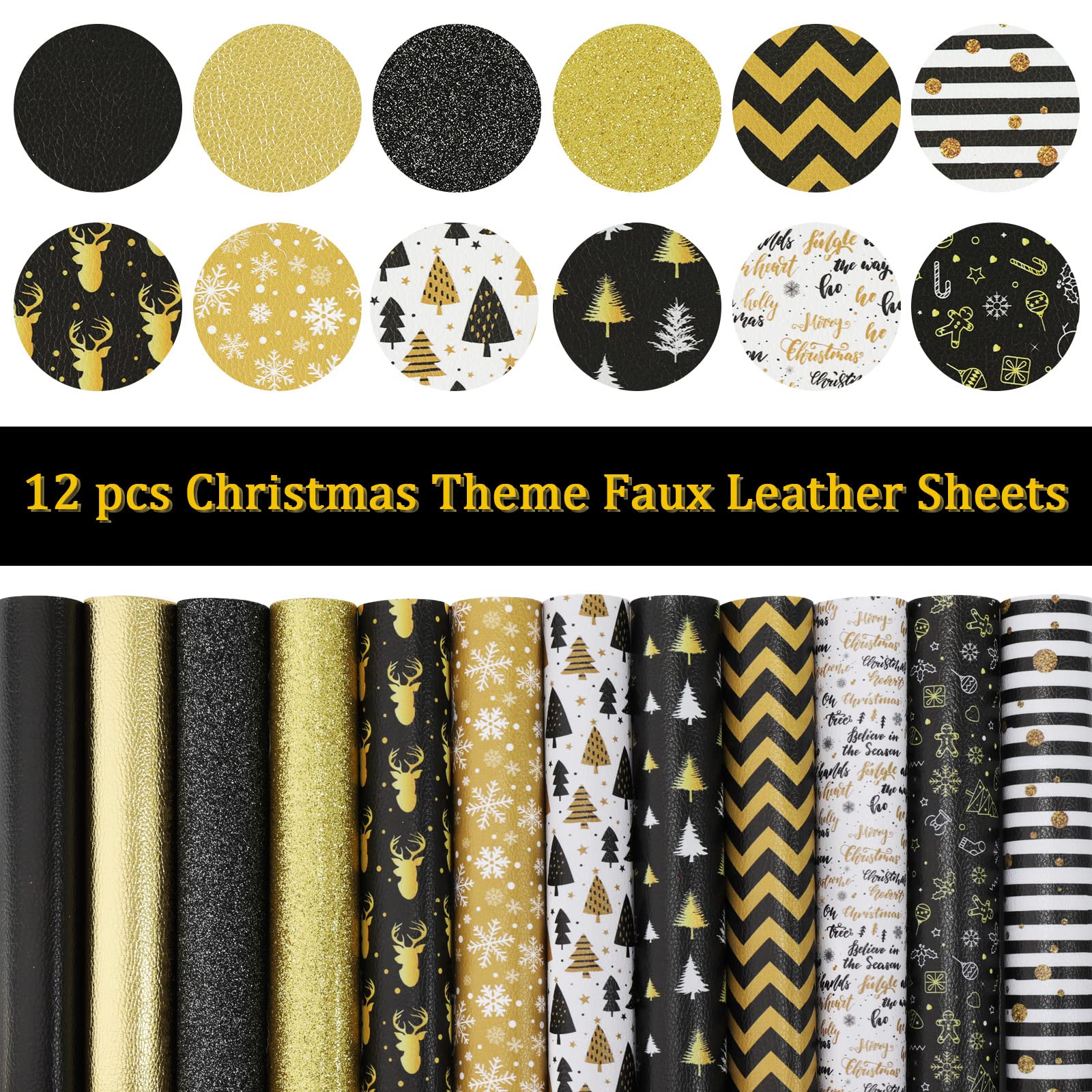 Whaline 12Pcs Christmas Faux Leather Sheet Black Gold Synthetic Leather Snowflake Reindeer Christmas Tree Pattern Glitter Fabric Crafts for Earring Hair Bow Holiday Craft Gift DIY, 8.3 x 6.3 Inch