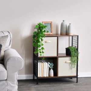 Household Essentials Trellis Open Storage Bookshelf with 4 Cube Compartments Mid Century Walnut Wood Grain and Black Metal