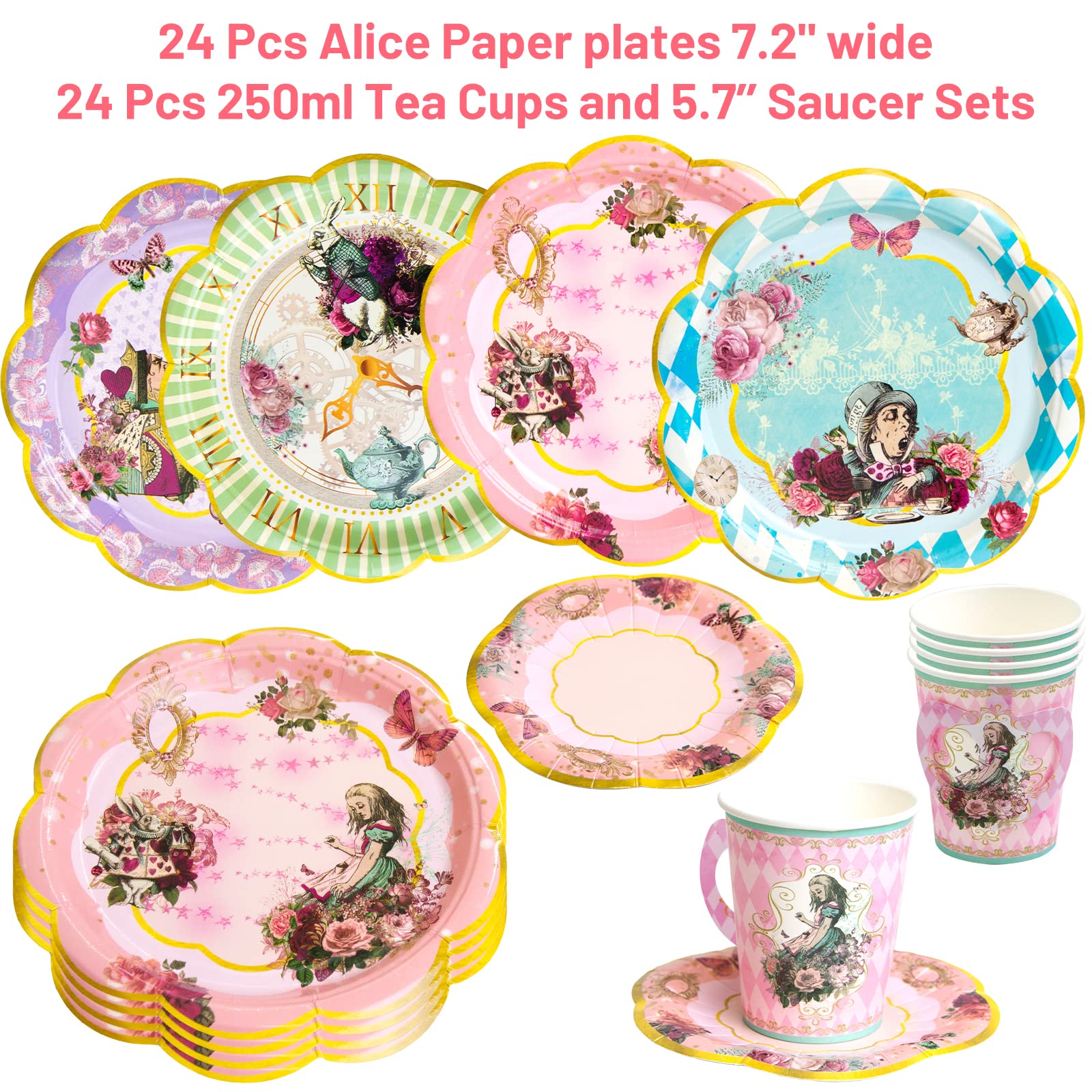 Alice and Wonderland Paper Plates and Cups Paper Saucers Mad Hatter Tea Party Alice Party Decorations Decor Baby Shower Birthday Favor Supplies