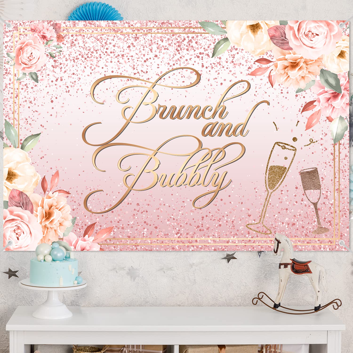 Brunch and Bubbly Bridal Shower Decorations Backdrop Banner Rose Gold Champagne Background for Wedding Bridal Shower Party Decor Supplies Pink