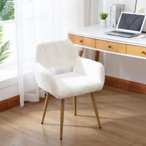 modern faux fur home office chair, fluffy chair makeup vanity chair for girl teen girls, desk chair with armrest, dining chair cute armchair with wood finish metal legs, white