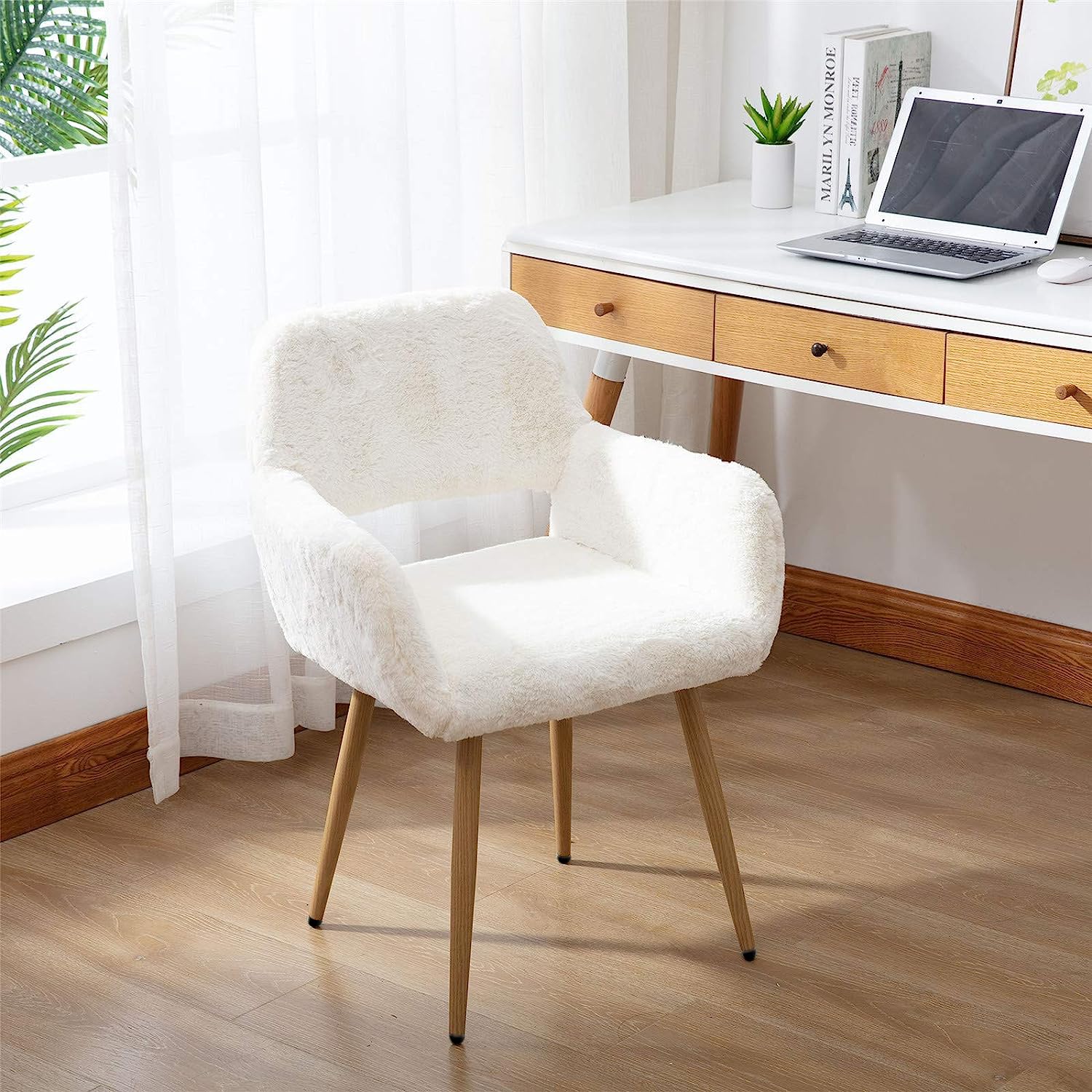 Modern Faux Fur Home Office Chair, Fluffy Chair Makeup Vanity Chair for Girl Teen Girls, Desk Chair with Armrest, Dining Chair Cute Armchair with Wood Finish Metal Legs, White