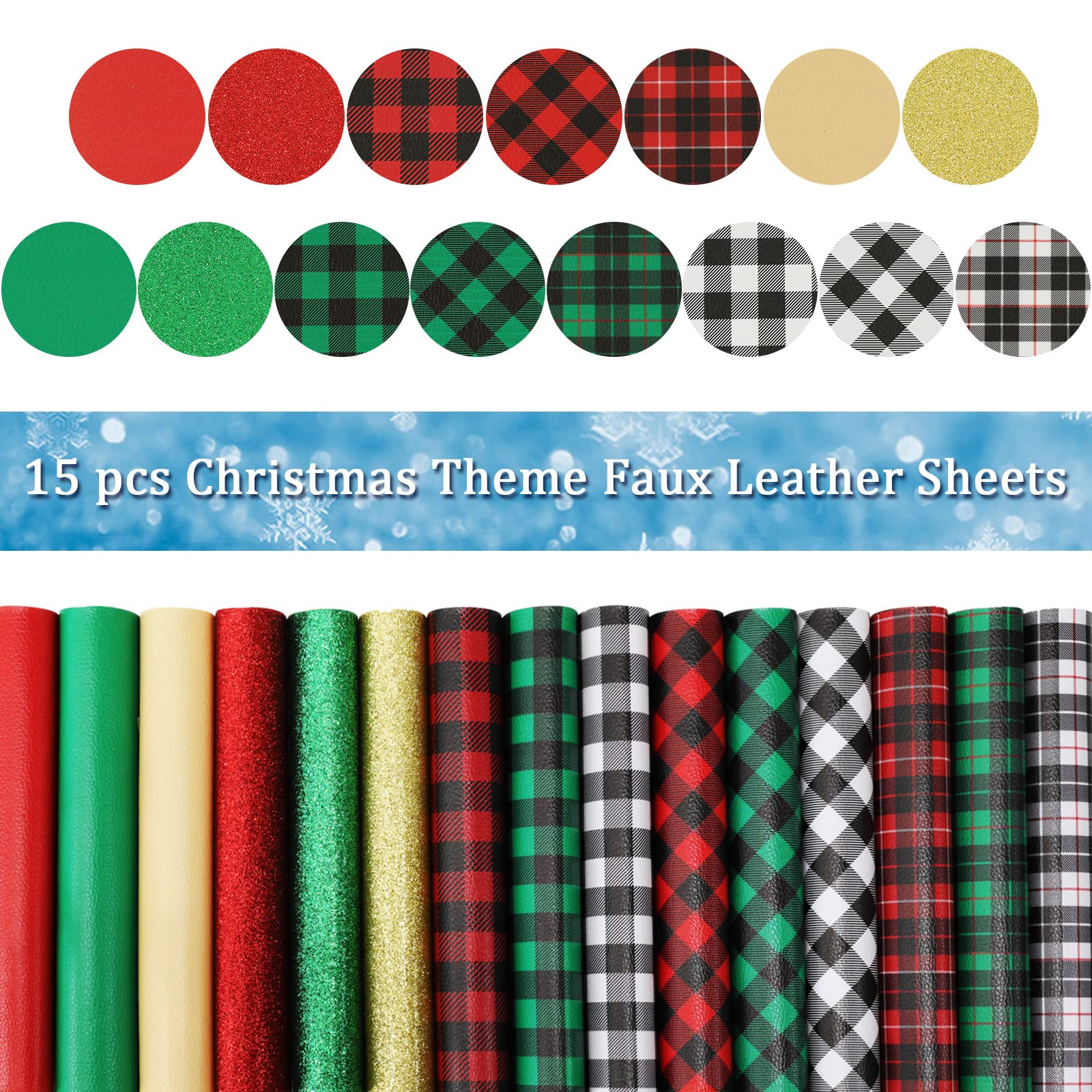 Whaline 15Pcs Buffalo Plaid Faux Leather Sheet Farmhouse Theme Christmas Synthetic Leather Red Green Gold Black White Glitter Fabric Crafts for Christmas Earring Hair Bow Gift DIY, 8.3 x 6.3 Inch