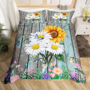 feelyou daisy duvet cover bedding set sunflower botanical floral butterfly comforter cover for boys girls children teens bedroom decor wooden bedspread cover twin size with 1 pillow case