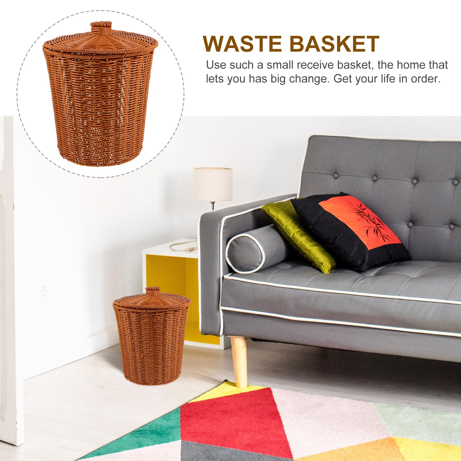 Wicker Waste Can with lid: Woven Trash Basket Wicker Wastebasket Round Garbage Container bin for Bathroom Bedroom Home Office