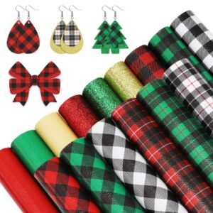 whaline 15pcs buffalo plaid faux leather sheet farmhouse theme christmas synthetic leather red green gold black white glitter fabric crafts for christmas earring hair bow gift diy, 8.3 x 6.3 inch