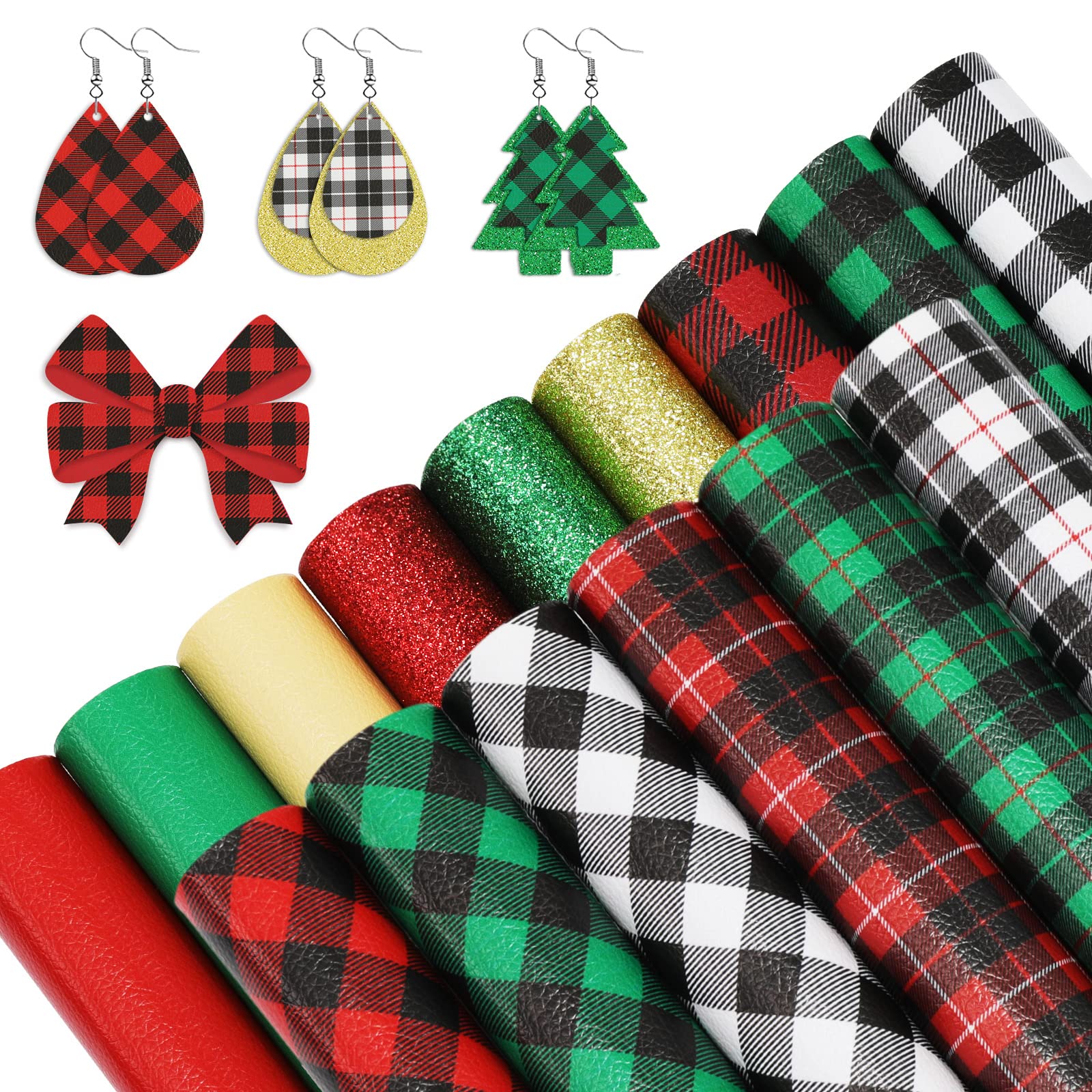 Whaline 15Pcs Buffalo Plaid Faux Leather Sheet Farmhouse Theme Christmas Synthetic Leather Red Green Gold Black White Glitter Fabric Crafts for Christmas Earring Hair Bow Gift DIY, 8.3 x 6.3 Inch