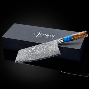 SENKEN Damascus Steel Cleaver Knife - Tsunami Collection - 67-Layer Japanese VG10 Steel - Unique Blue Resin & Natural Wood Handle, Razor Sharp, Beautiful Damascus Wave Pattern (7.5" Cleaver Knife)