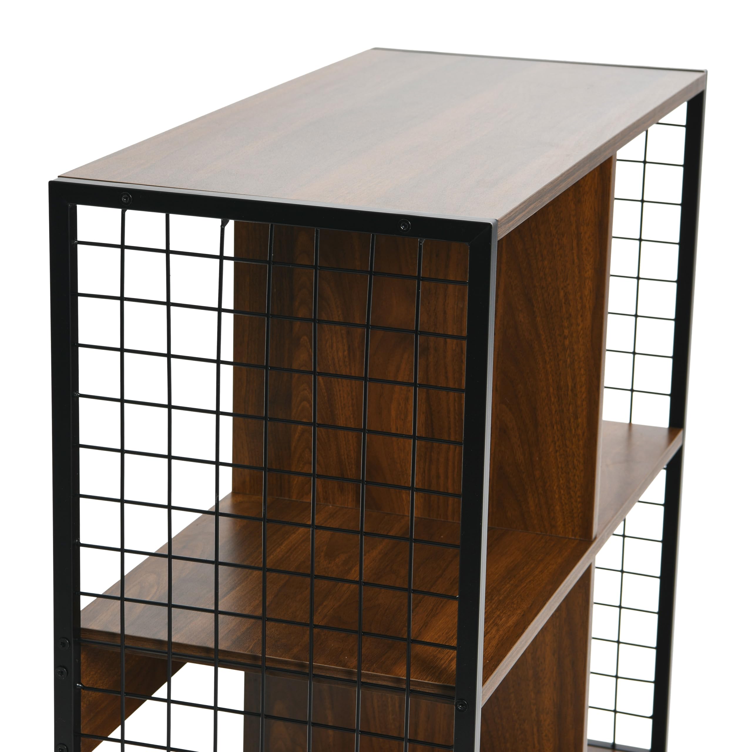 Household Essentials Trellis Open Storage Bookshelf with 4 Cube Compartments Mid Century Walnut Wood Grain and Black Metal