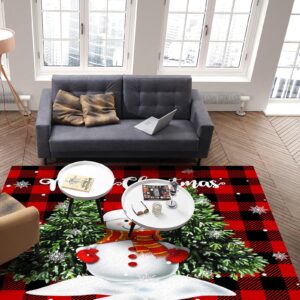 LBDecor 2x3ft Large Area Rugs for Living Room, Christmas Snowman Trees Area Runner Rugs Non Slip Bedroom Carpets Hallways Rug, Outdoor Indoor Nursery Rugs Décor, Red Plaid