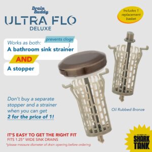 Drain Buddy Ultra Flo- 2 in 1 Bathroom Sink Stopper & Hair Catcher W/Patented Pull Clean Technology! | Fits 1.25” Sink Drains, Clog Preventing | Oil Rubbed Bronze Metal Cap / 1 Replacement Basket