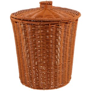 wicker waste can with lid: woven trash basket wicker wastebasket round garbage container bin for bathroom bedroom home office