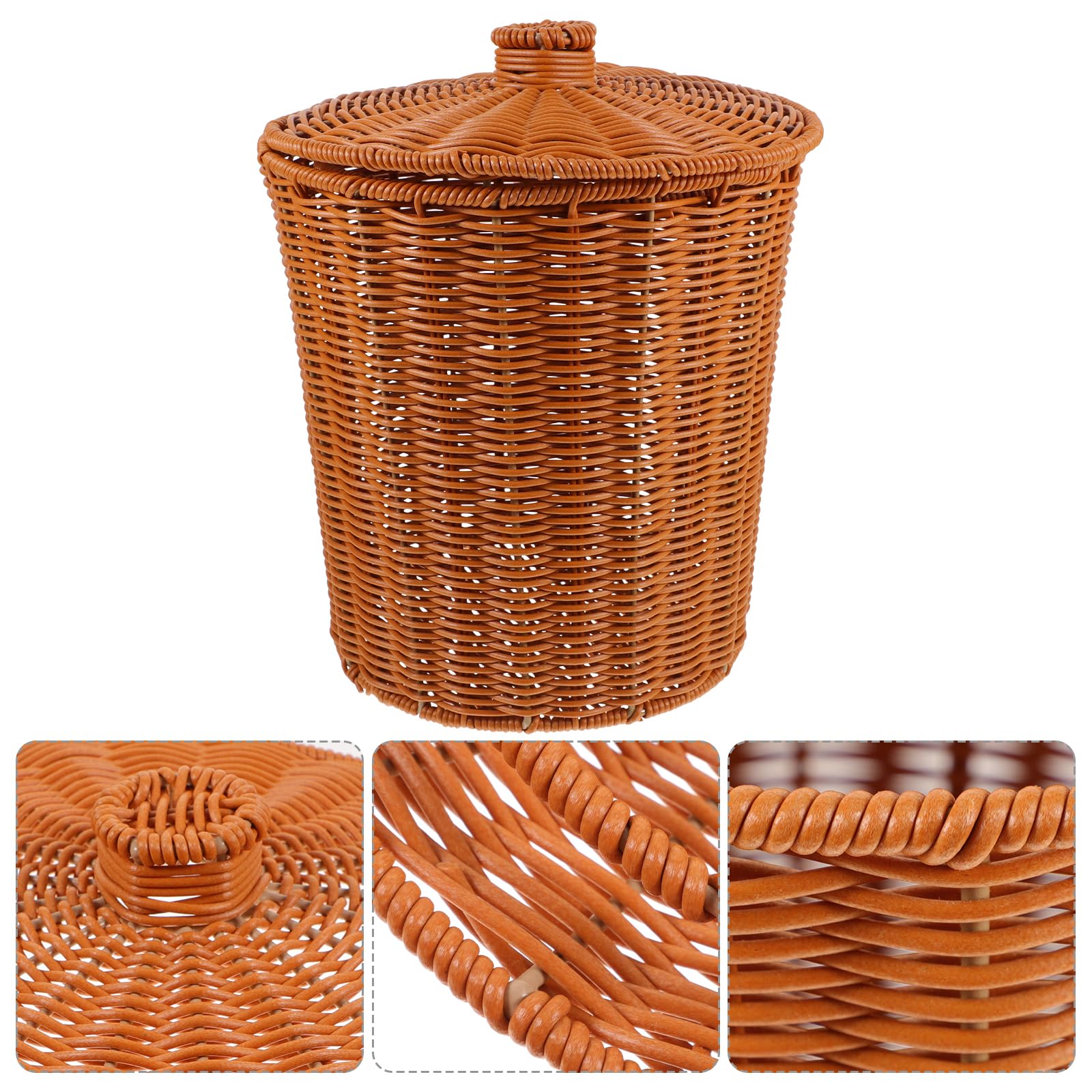 Wicker Waste Can with lid: Woven Trash Basket Wicker Wastebasket Round Garbage Container bin for Bathroom Bedroom Home Office