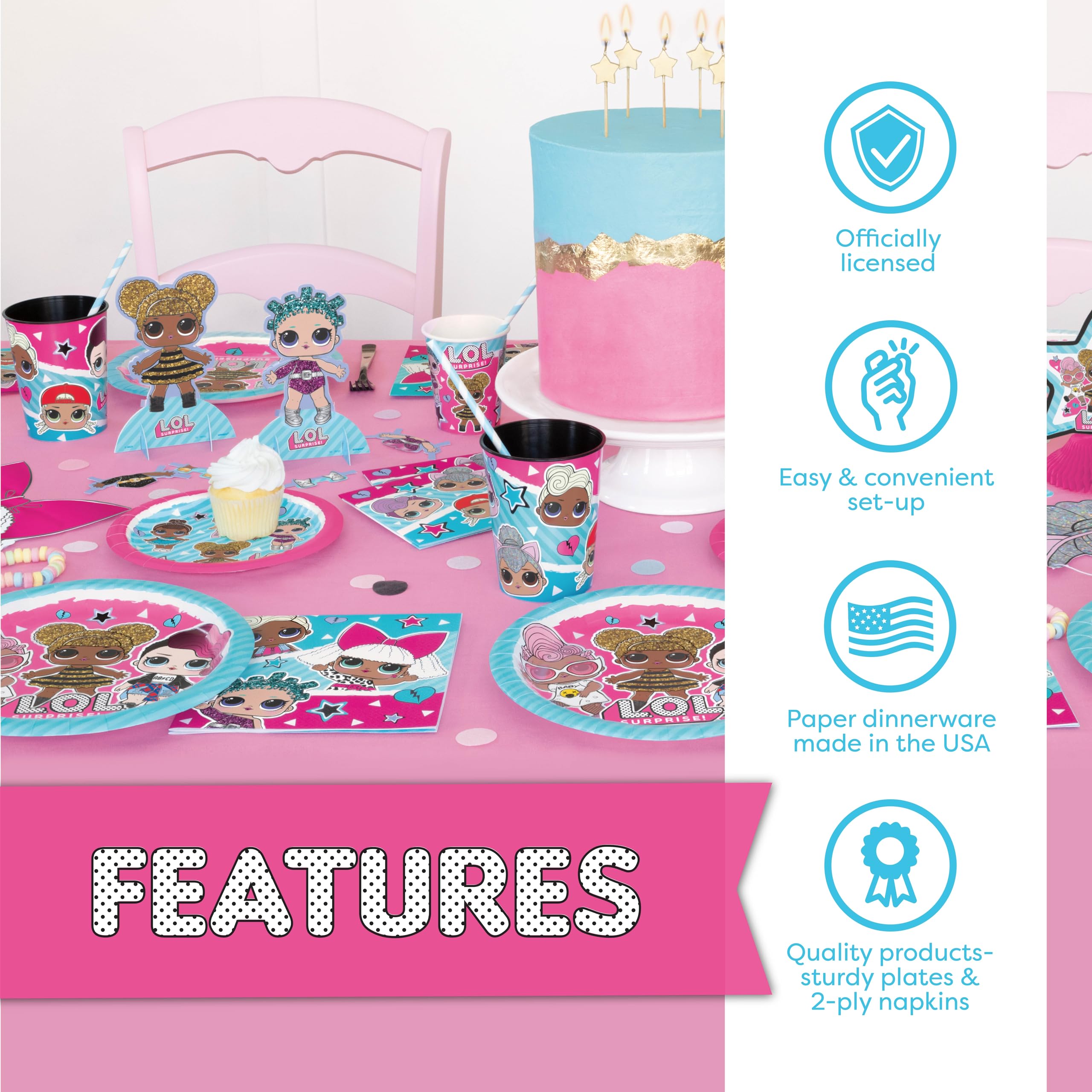 LOL Party Supplies Birthday Decorations | Serves 16 Guests | With Table Cover, Banner, Plates, Napkins, Cups, Button