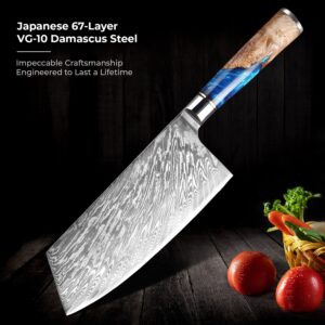 SENKEN Damascus Steel Cleaver Knife - Tsunami Collection - 67-Layer Japanese VG10 Steel - Unique Blue Resin & Natural Wood Handle, Razor Sharp, Beautiful Damascus Wave Pattern (7.5" Cleaver Knife)