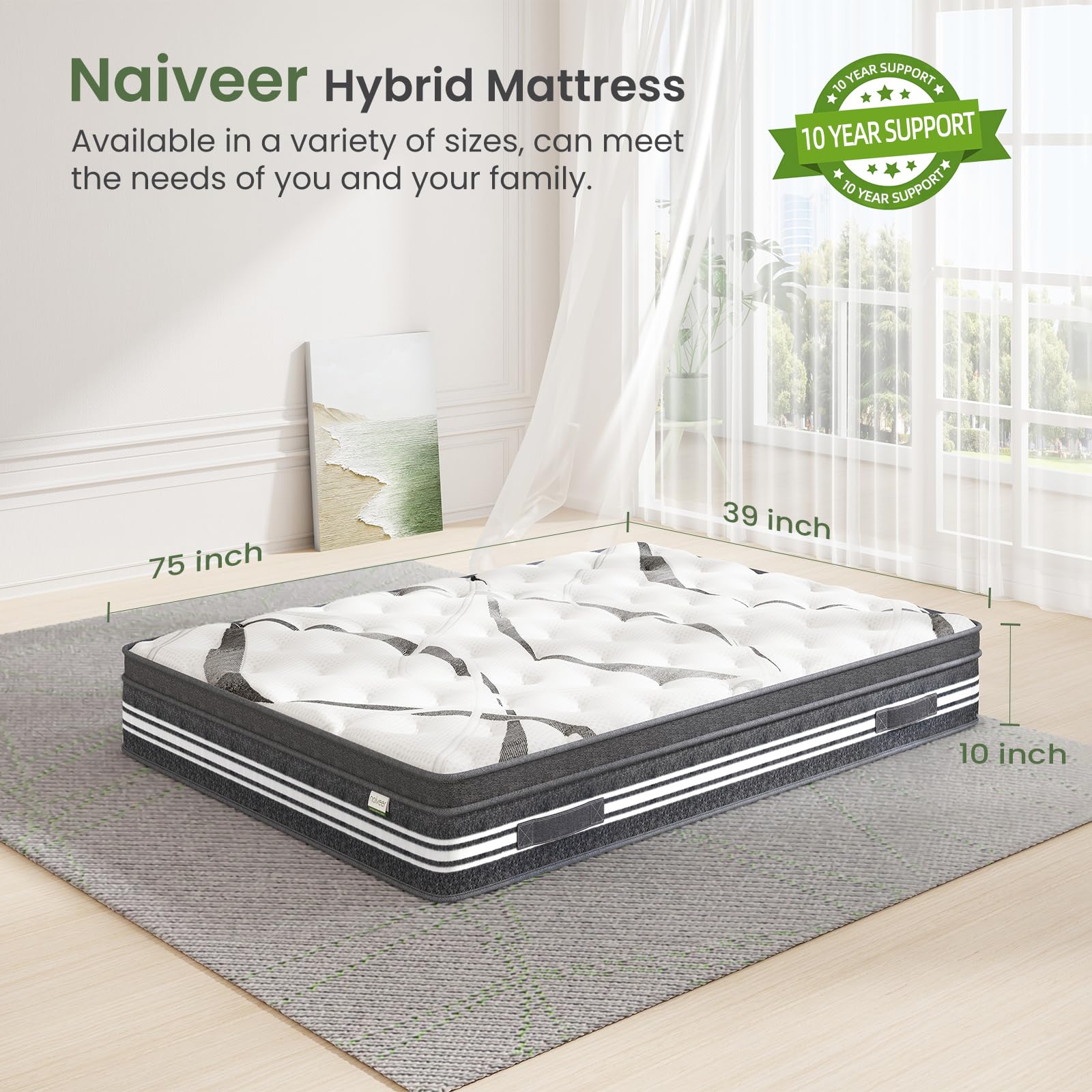 Naiveer Twin Mattress 10 Inch, Memory Foam Mattress in A Box, Hybrid Mattress with Individually Wrapped Coils, CertiPUR-US Certified, Medium Firm Twin Size Mattress for Back Pain & Pressure Relieve