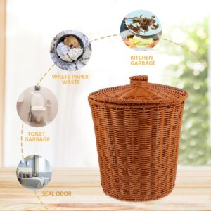 Wicker Waste Can with lid: Woven Trash Basket Wicker Wastebasket Round Garbage Container bin for Bathroom Bedroom Home Office