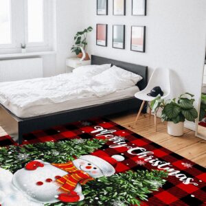 LBDecor 2x3ft Large Area Rugs for Living Room, Christmas Snowman Trees Area Runner Rugs Non Slip Bedroom Carpets Hallways Rug, Outdoor Indoor Nursery Rugs Décor, Red Plaid