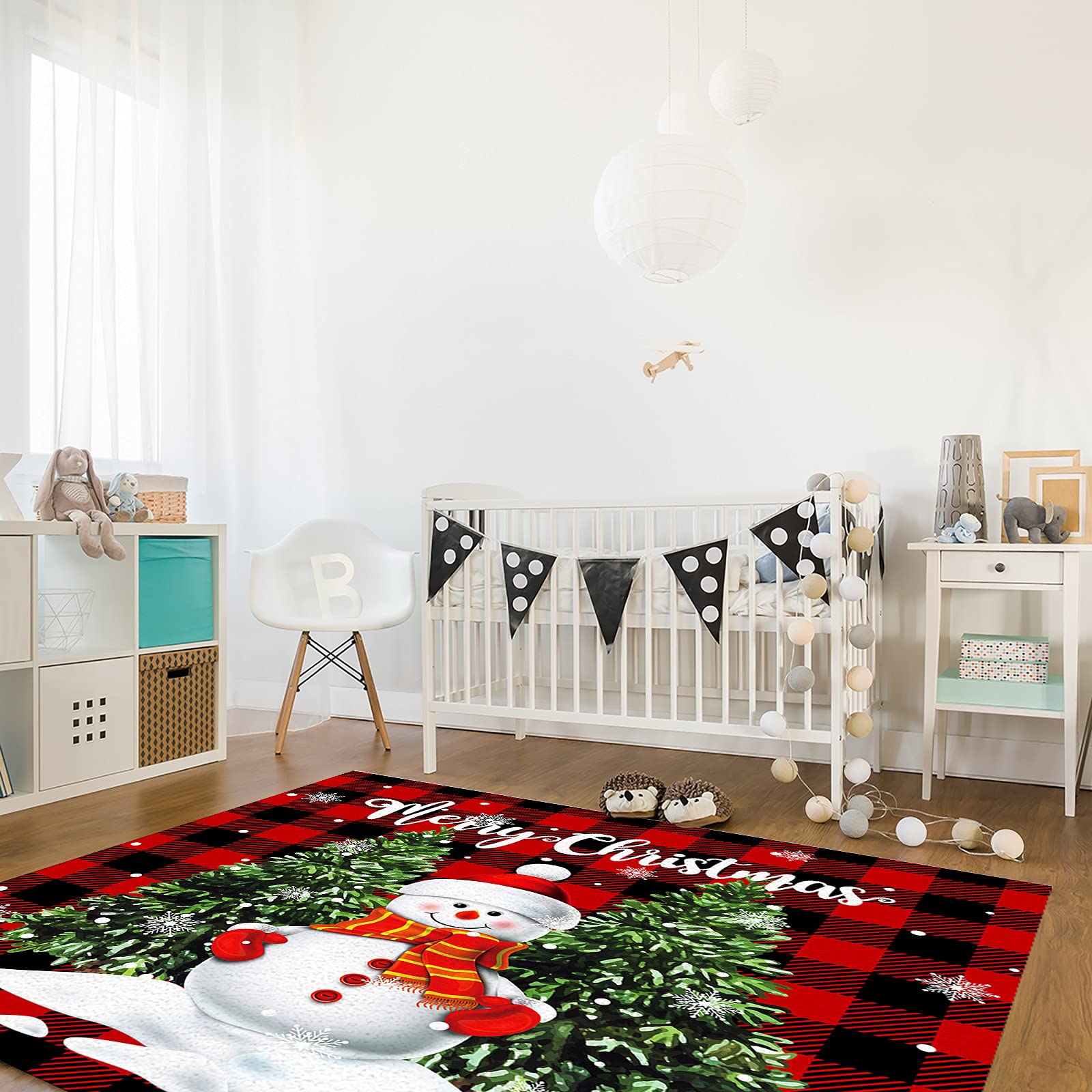 LBDecor 2x3ft Large Area Rugs for Living Room, Christmas Snowman Trees Area Runner Rugs Non Slip Bedroom Carpets Hallways Rug, Outdoor Indoor Nursery Rugs Décor, Red Plaid