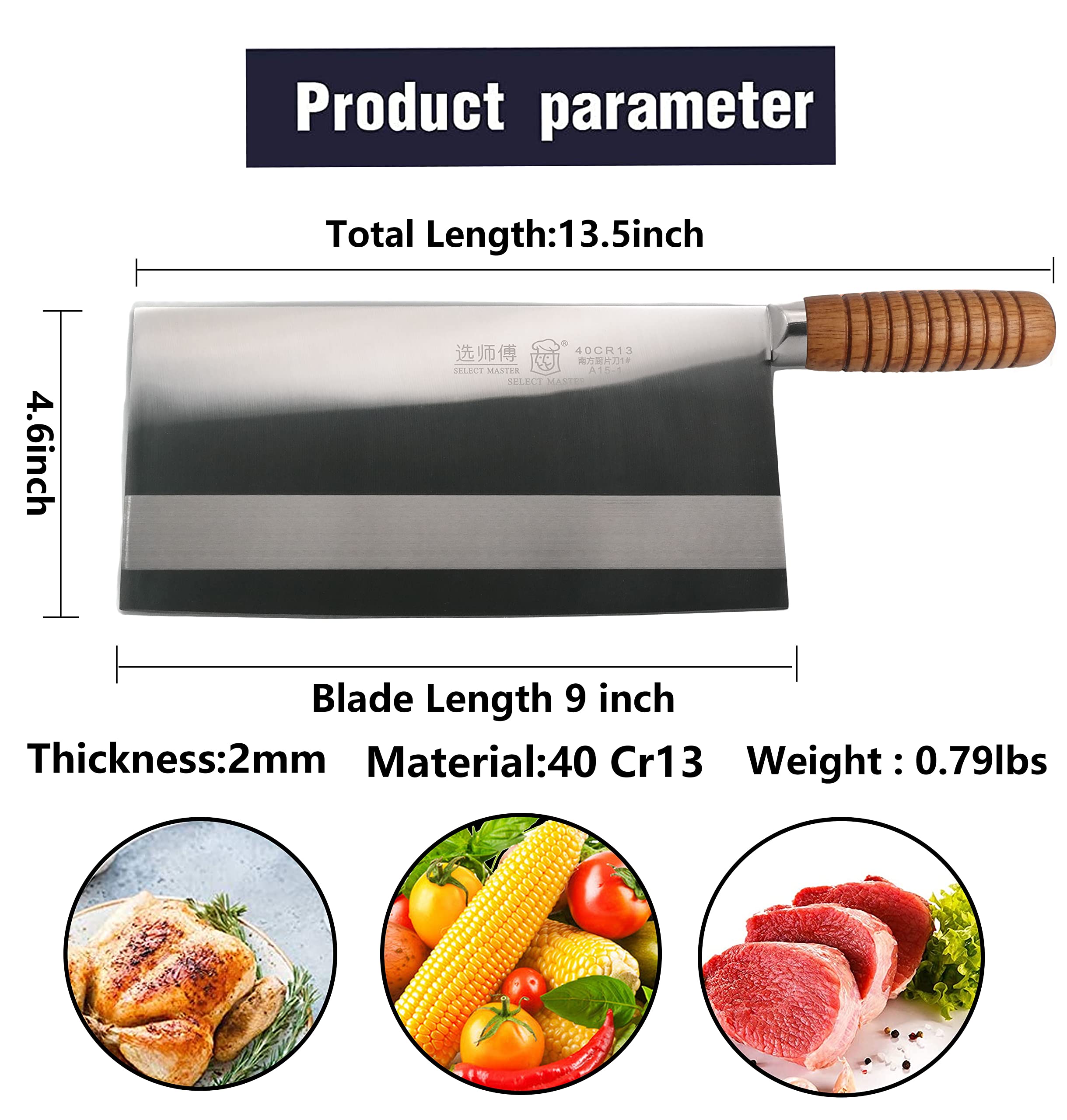 SELECT MASTER Chinese Chef Knife, Big Vegetable Cleaver, Chinese Cleaver Knife and High Carbon Steel with Non-slip Ergonomic Handle for Home and Restaurant