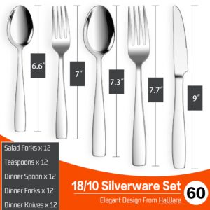 HaWare 18/10 Stainless Steel Flatware, 60-Piece Silverware Set Service for 12, Fancy Tableware Cutlery Set for Home Restaurant, Include Knife Fork Spoon, Mirror Finish Eating Utensils, Dishwasher Safe