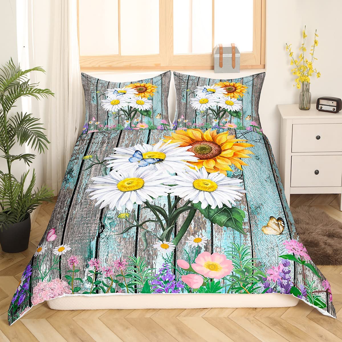 Feelyou Daisy Duvet Cover Bedding Set Sunflower Botanical Floral Butterfly Comforter Cover for Boys Girls Children Teens Bedroom Decor Wooden Bedspread Cover Twin Size with 1 Pillow Case