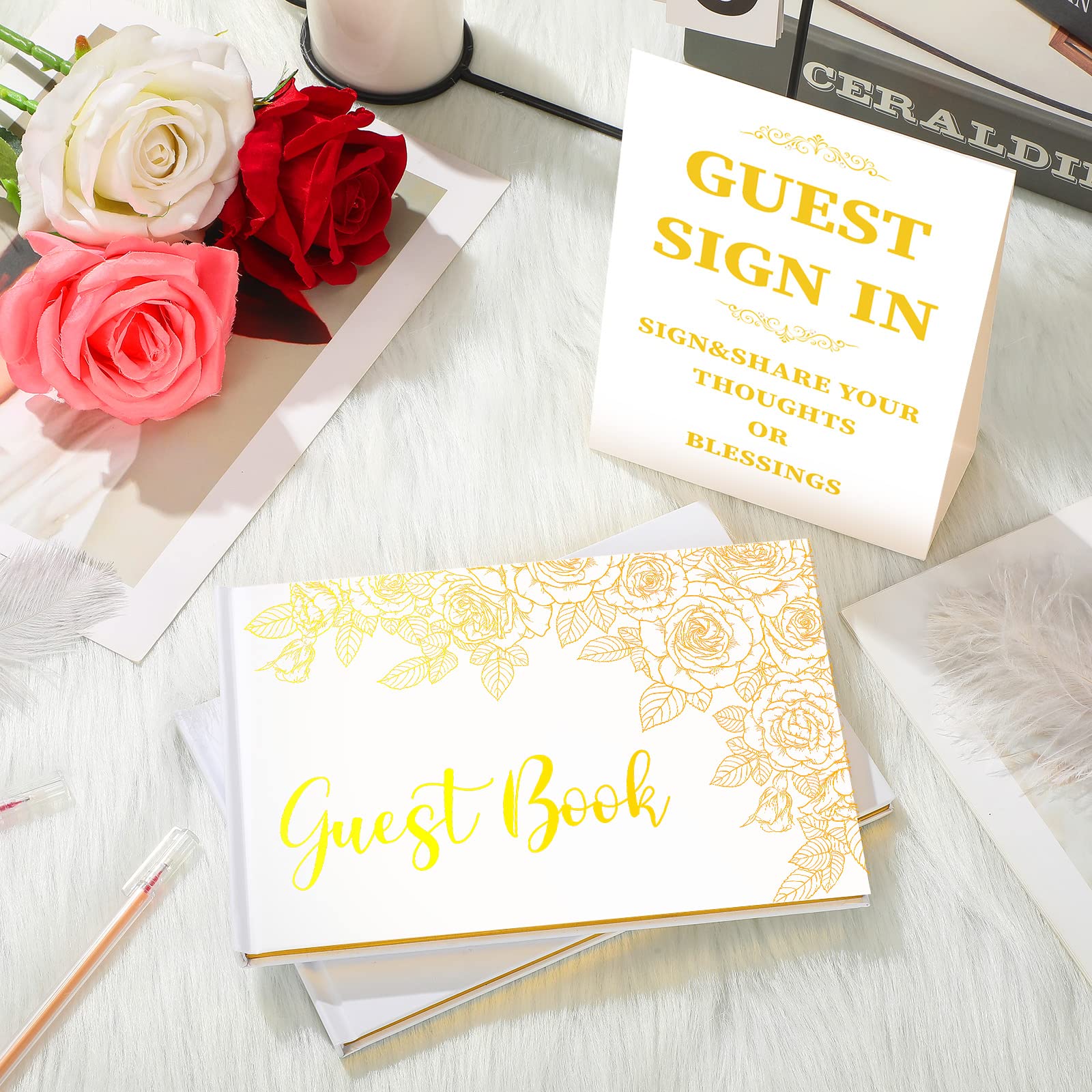 Zonon Wedding Guest Book with Pen Wedding Memory Book with Table Cards Guest Sign-in Book White Cover with Foil for Guests Visitors to Sign at Wedding Party Hotel Bridal Shower, 9 x 6 Inch(Stylish)