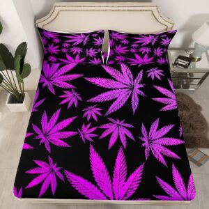 Feelyou Marijuana Leaf Bed Sheets Weed Leaf Botanical Sheet Set for Kids Men Women Adults Cannabis Leaves Bed Set Luxury Puple Hemp Sheets Room Decor 4Pcs Queen Size