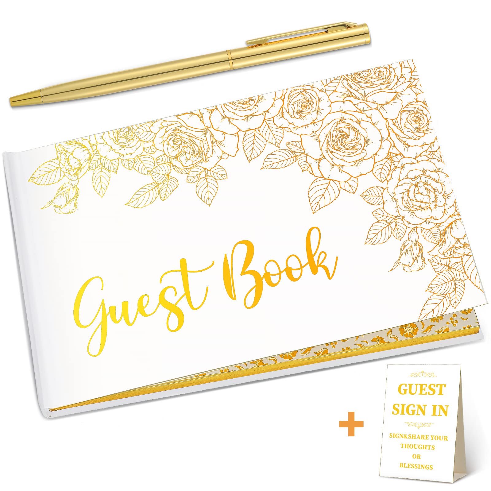 Zonon Wedding Guest Book with Pen Wedding Memory Book with Table Cards Guest Sign-in Book White Cover with Foil for Guests Visitors to Sign at Wedding Party Hotel Bridal Shower, 9 x 6 Inch(Stylish)