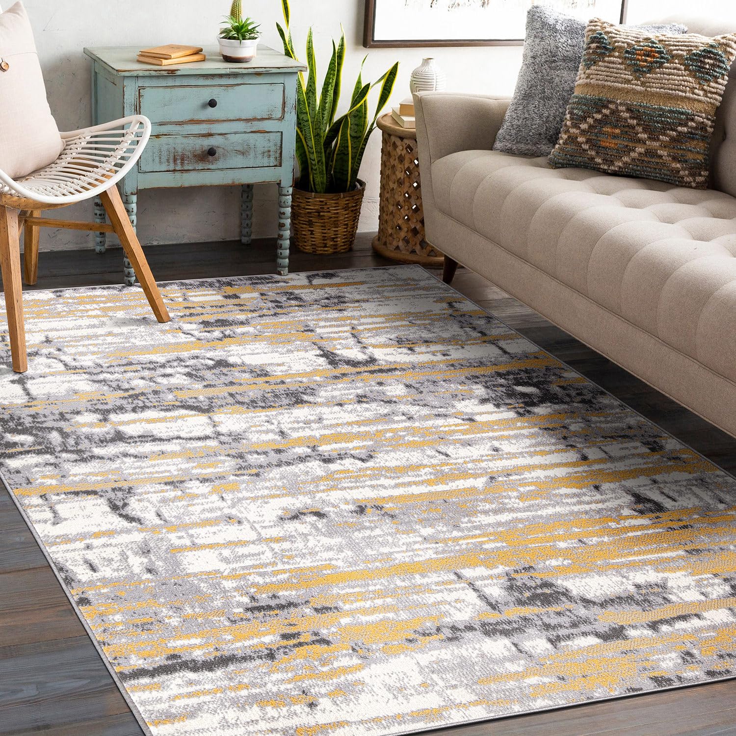 Rugshop Darwin Vintage Abstract Modern Area Rug 5' x 7' Yellow