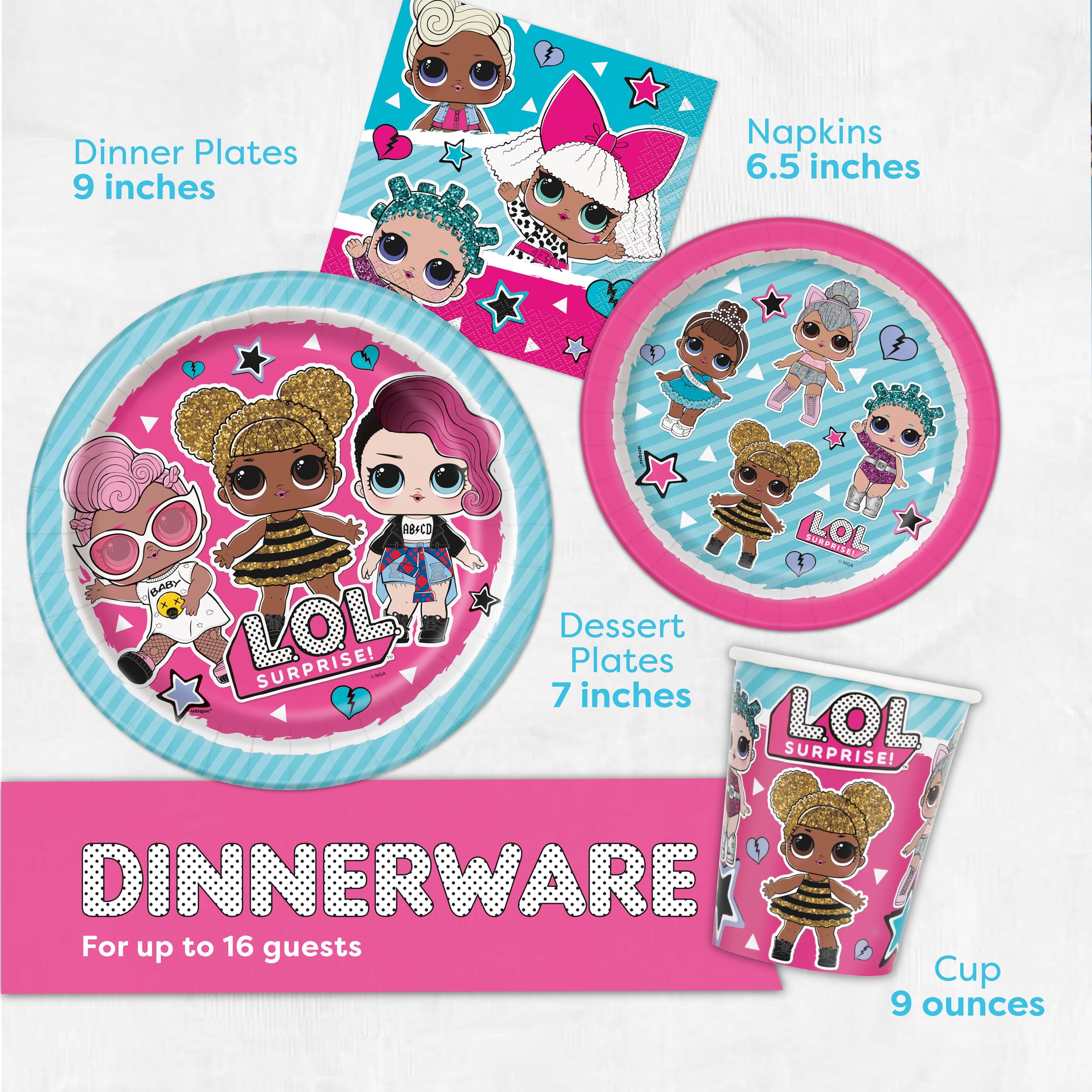 LOL Party Supplies Birthday Decorations | Serves 16 Guests | With Table Cover, Banner, Plates, Napkins, Cups, Button