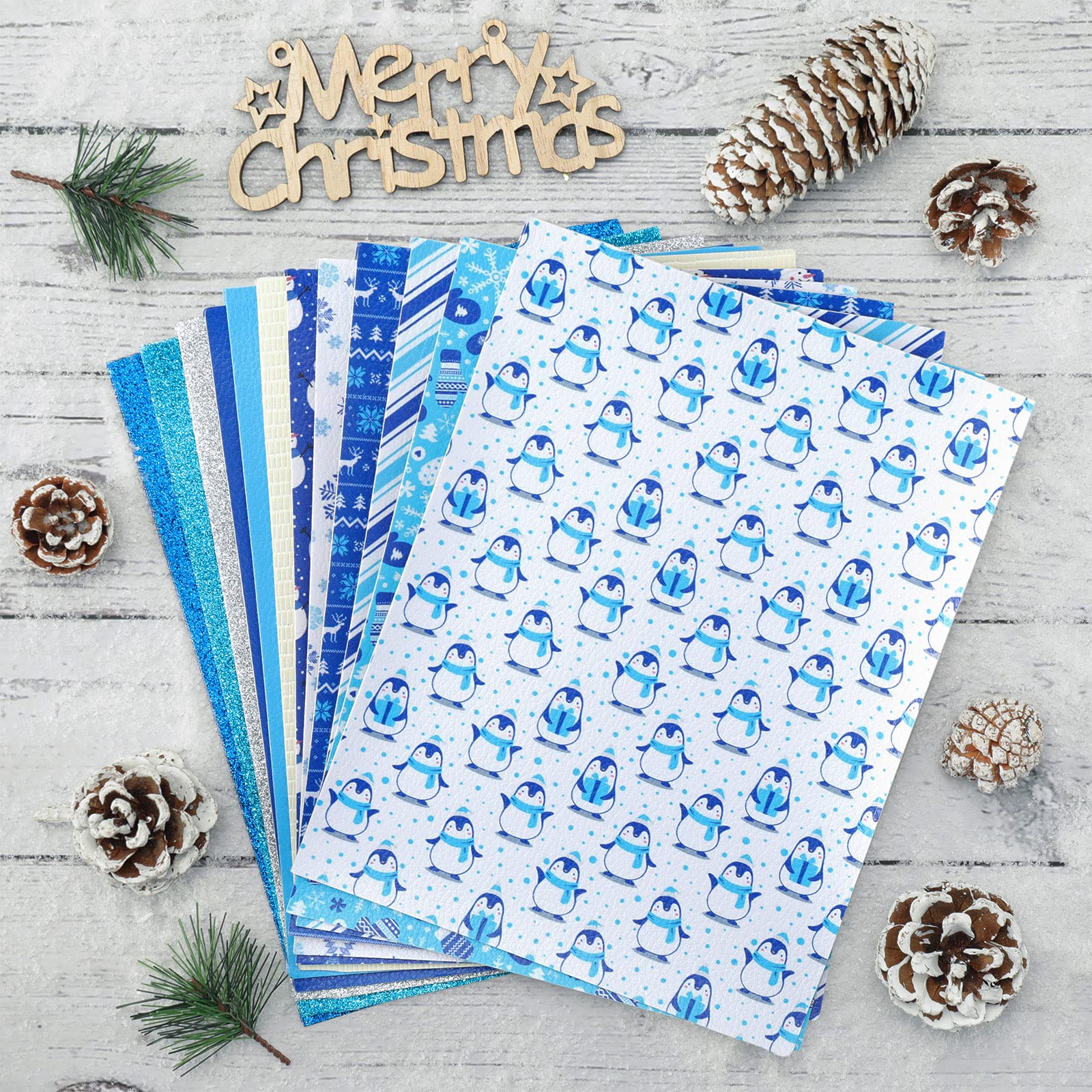 Whaline 12Pcs Winter Faux Leather Sheet Blue White Synthetic Leather Snowflake Snowman Penguin Sweater Pattern Glitter Fabric Crafts for Christmas Earring Hair Bow Craft Gift DIY, 8.3 x 6.3 Inch