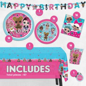 LOL Party Supplies Birthday Decorations | Serves 16 Guests | With Table Cover, Banner, Plates, Napkins, Cups, Button