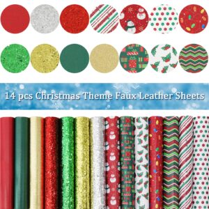 Whaline 14Pcs Christmas Faux Leather Sheet Red Green Gold Silver Synthetic Leather Christmas Theme Pattern Glitter Fabric Crafts for Earring Hair Bow Holiday Craft Gift DIY, 8.3 x 6.3 Inch